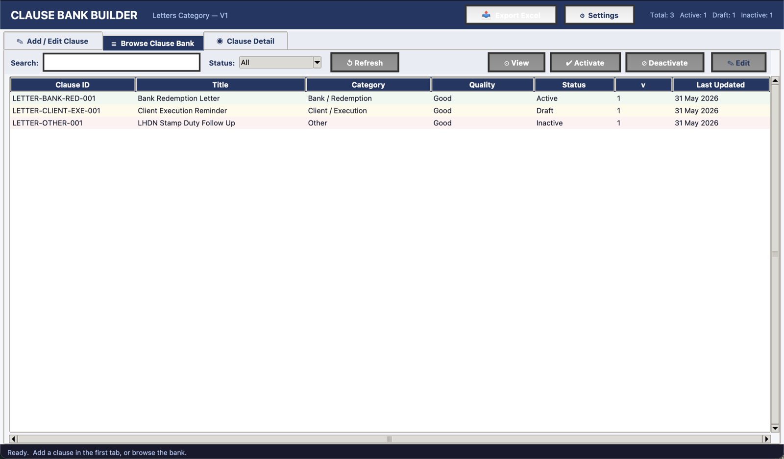 Clause Bank Builder browse view