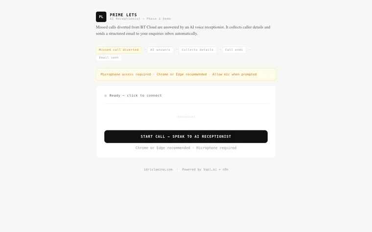 Prime Lets Voice Agent homepage